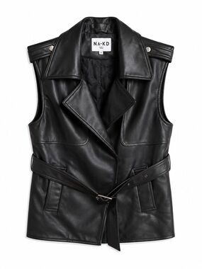 NA-KD Black Padded Faux Leather Belted Trench Vest Size S (FR/EU 36)